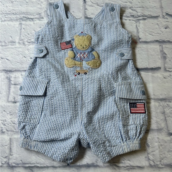 Little Me Blue/White Seersucker Overalls w/ Bear and American Flag. Size 6-9 mo. - Picture 1 of 7
